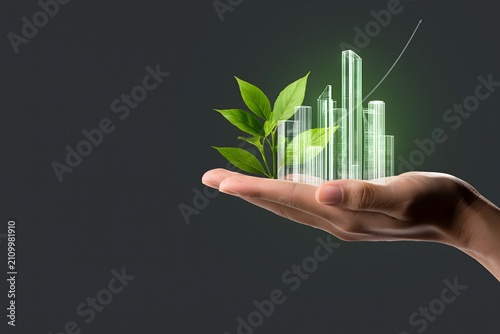 Concept of green finance and sustainable investment with upward growth graph in palm. Hand holding glowing green financial bar chart and plant sprout for ESG growth concept.