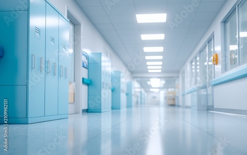 Clean modern hospital hallway corridor with lockers and bright lighting environment
