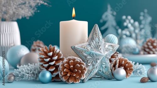 White candle surrounded by pinecone and blue ornaments for winter holiday decor