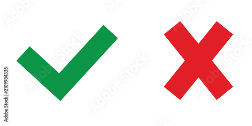 Fotografía Green checkmark and red cross symbols flat vector silhouettes on white backgroun