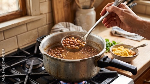 Commercial culinary close-up photography of a hand scooping cooked pinto beans with a metal ladle from an aluminum pressure cooker on a stovetop – Brazilian home cooking advertisement, packaged beans 