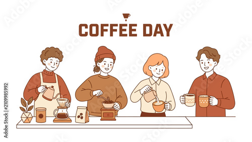 Фотография Coffee Day Celebration: Diverse baristas prepare and serve coffee drinks, highli