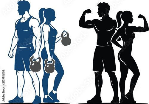 Canvastavla Fit man and woman exercising with kettlebells and posing to show off strong musc