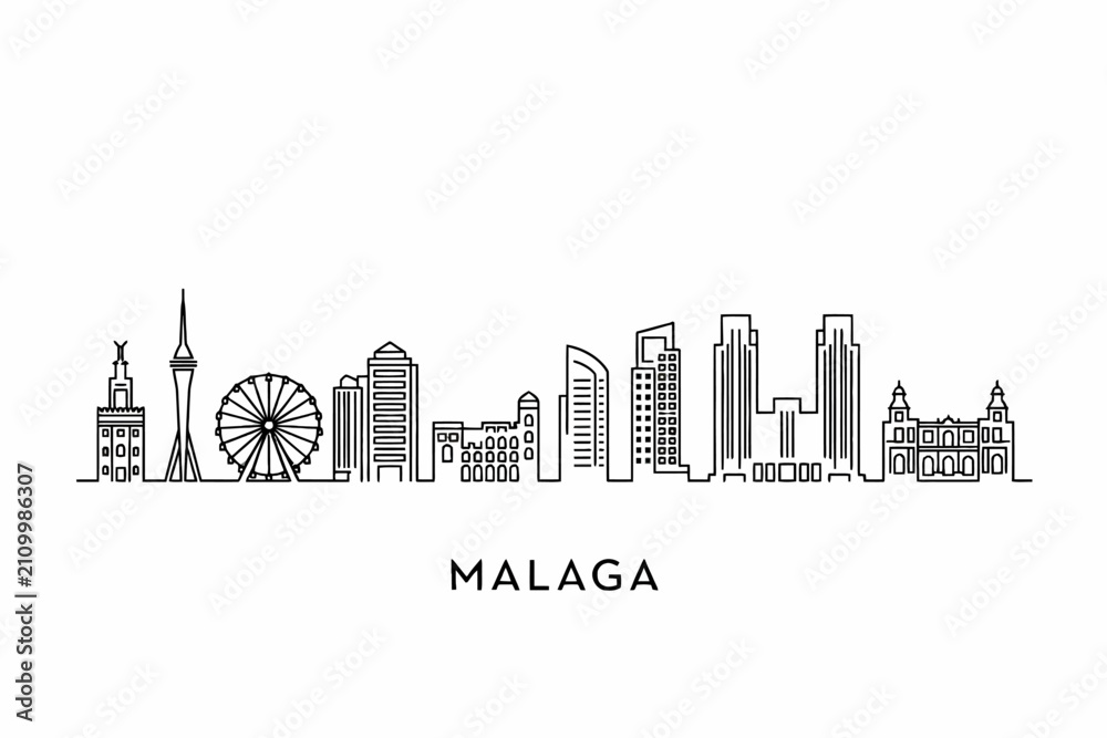 Obraz premium Simplified line art illustration of Malaga city skyline with famous landmarks