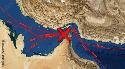 atellite view of the Strait of Hormuz with red shipping lines and a large red X mark, symbolizing a blockade, maritime conflict, or trade disruption in this strategic global oil chokepoint