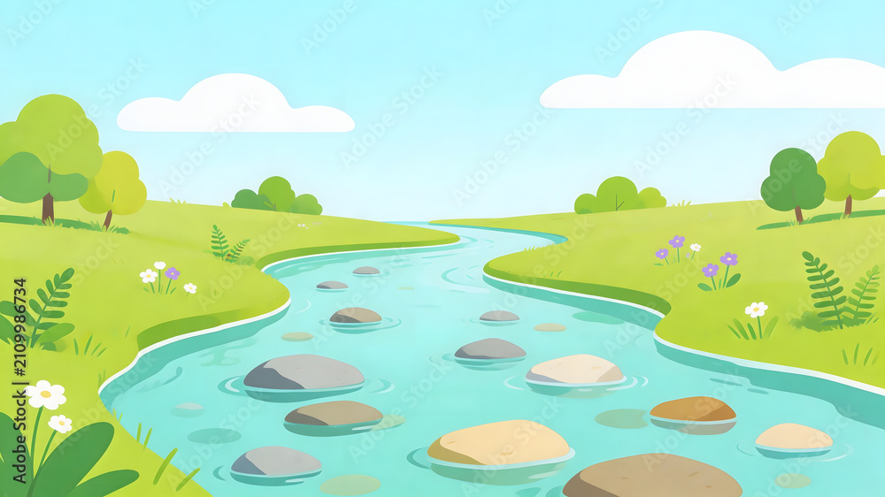 Obraz premium Winding blue river with stones and green meadows under sky