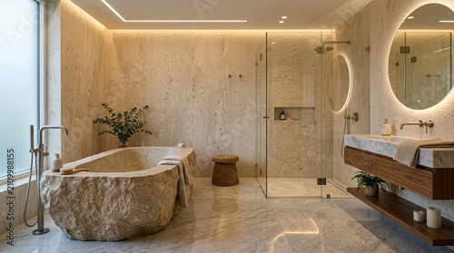 Luxury stone bathroom interior with modern bathtub, shower, and vanity