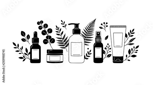 Foto Natural Skincare Products Lineup with Botanical Elements - Black and White Line