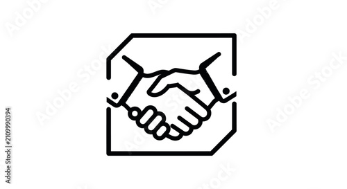 A simple black and white icon showing a professional business handshake