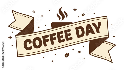 Fotografía Coffee Day Celebration Banner: A festive banner proclaiming Coffee Day in bold lettering, adorned with coffee beans, steam, and festive stars, perfect for celebrating the beloved beverage