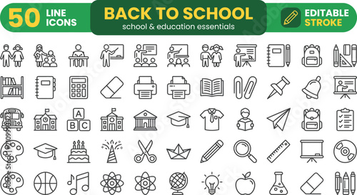 Schilderij op canvas Back to school educational line icon set featuring 50 classroom supplies and aca