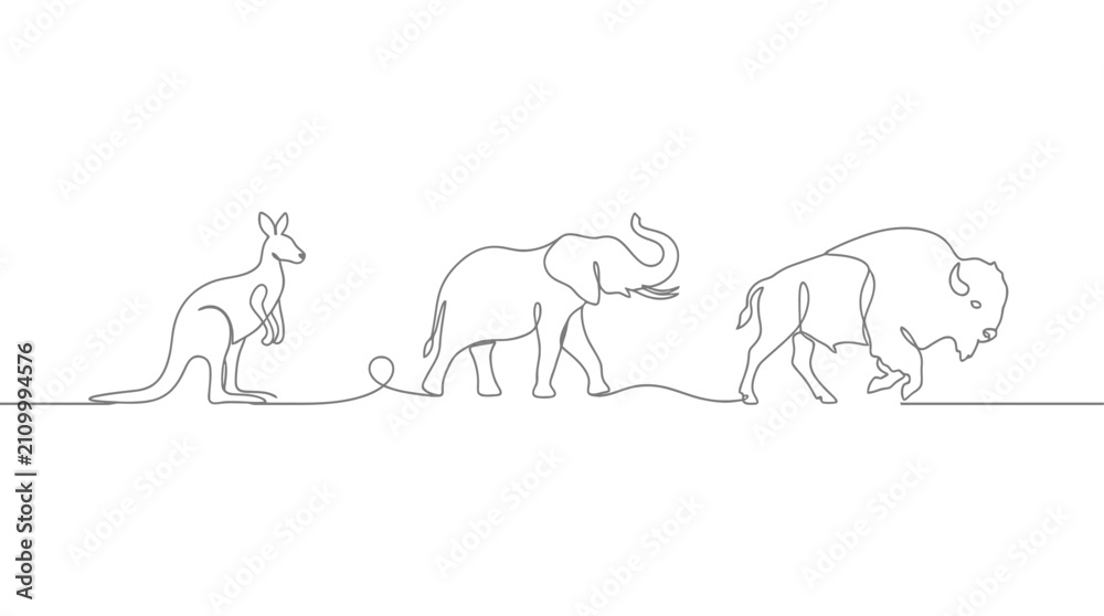 Obraz premium Collection of diverse animal silhouettes featuring black vector shapes of Australian African and American wildlife species isolated on white background in wide panorama format