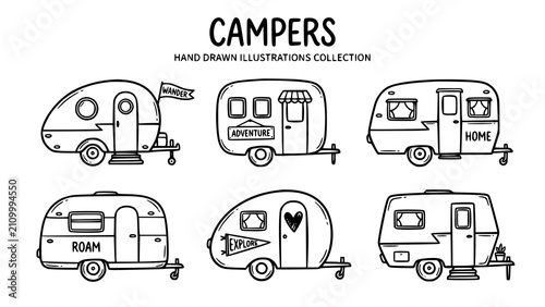 фотографія Collection of hand drawn vintage camper trailers for travel and outdoor adventur