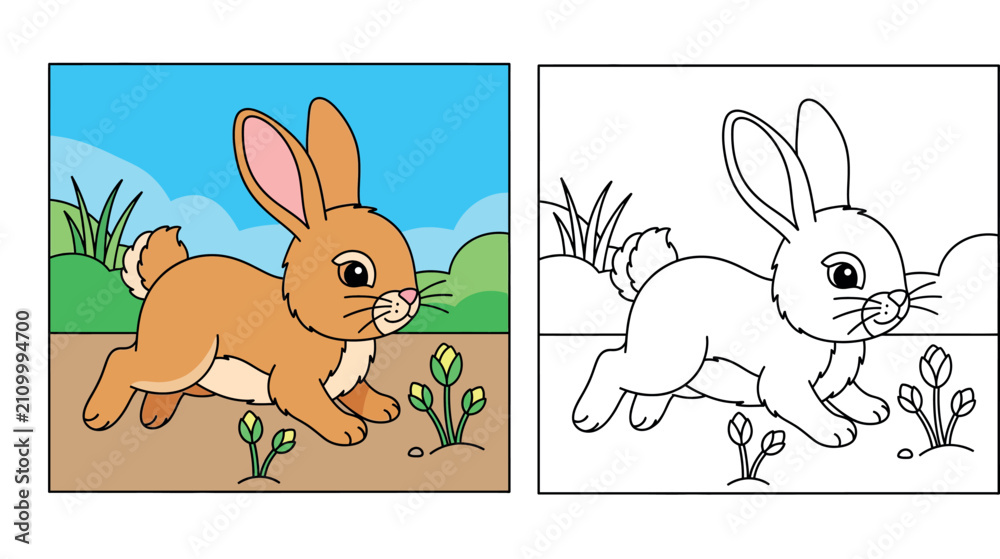Fototapeta premium Cute Cartoon Running Brown Rabbit in a Spring Meadow Coloring Book Page Illustration with Flowers