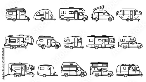 Photography Set of hand drawn doodle style recreational vehicles campers and travel trailers
