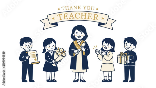 Photos Thank You Teacher: A teacher in academic regalia receives gifts and appreciation from her students, symbolizing gratitude and the rewarding profession of education
