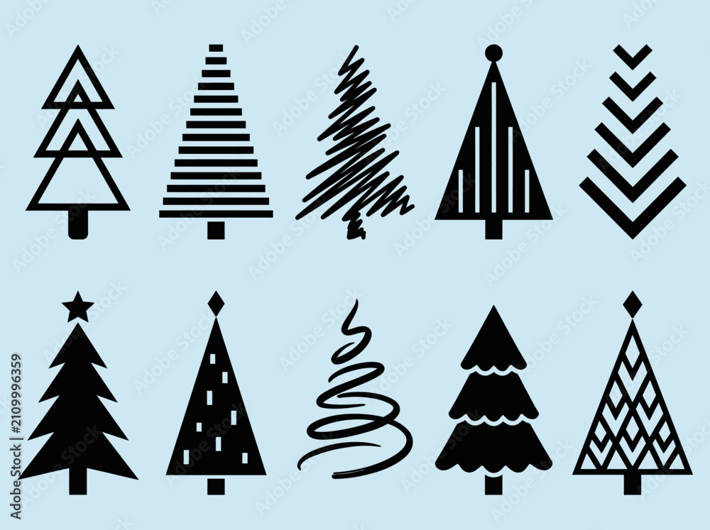 Obraz premium Minimalist Black Christmas Tree Icon Set - Geometric and Abstract Holiday Fir Tree Silhouettes