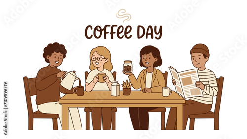 Cuadro en lienzo Friends Celebrating Coffee Day: A warm illustration depicting four friends enjoying coffee together at a table, with one pouring, another holding a jar of coffee, and one reading a newspaper