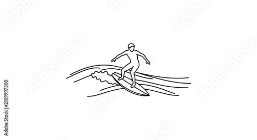 Surfer riding a wave black line drawing on white background