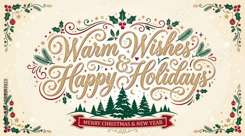 Foto Elegant holiday greeting card design with 'Warm Wishes & Happy Holidays' typography, festive holly, berries, stars, and pine trees