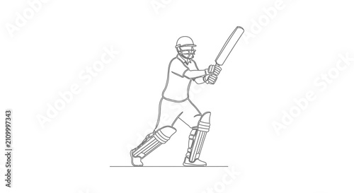 Cricket player in batting stance continuous line drawing on white background