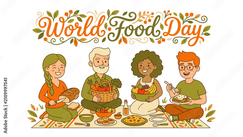 Fototapeta premium A Joyful Gathering for World Food Day: Four people from diverse backgrounds sit together on a picnic blanket, sharing a feast of delicious food and celebrating World Food Day with smiles and laughter.