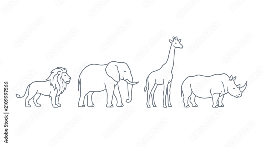 Obraz premium Minimalist Vector Illustration Set of African Wildlife Outlines Including Elephant Lion Giraffe and Rhino Profile Icons Isolated on White Background for Simple Nature Design Layouts