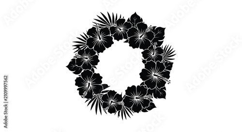 Hibiscus floral wreath black silhouette on a white background