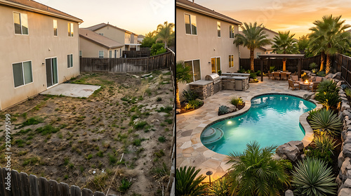 Transforming a plain backyard into a luxurious outdoor living space with pool and tropical landscaping during sunset