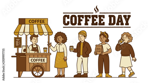 фотографія Coffee Day Cart: A vibrant illustration depicts a coffee cart with a vendor serving eager customers in a cheerful line, celebrating the joy of coffee