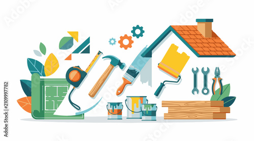 Creative illustration of home renovation tools and building materials