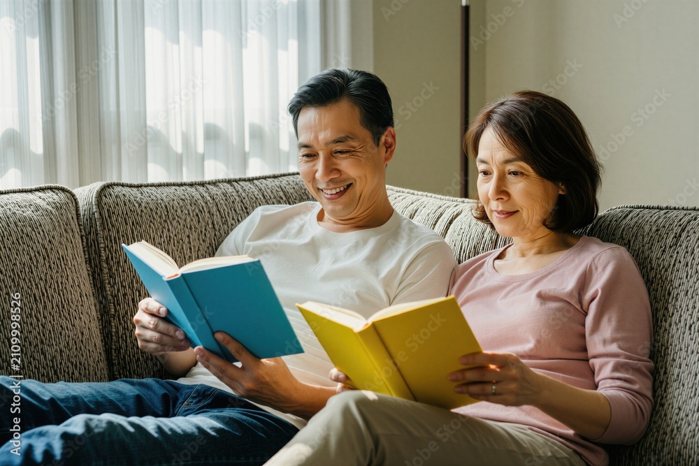 Obraz premium Couple relax on sofa reading books together. Man and woman enjoy leisure time at home. They share quiet moment indoors. Lifestyle togetherness and comfort.