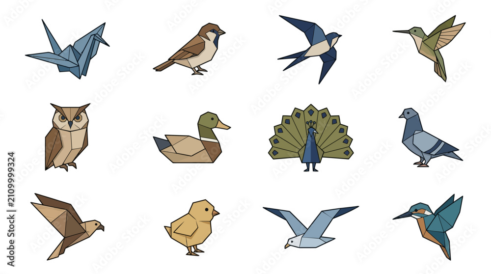 Fototapeta premium Vector illustration of geometric origami birds set featuring various wildlife animals in low poly style isolated on white background