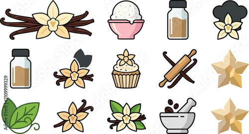 Vanilla flavor ingredient and baking icon set featuring vanilla beans extract flowers dessert spices and aromatic cooking elements vector collection