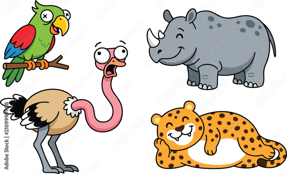 Fototapeta premium Cute Cartoon Wild Safari Animal Character Collection with Crazy Eyed Parrot Scared Ostrich Smiling Rhinoceros and Relaxing Leopard for Kids Designs