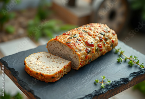 Sliced meatloaf on slate bo...