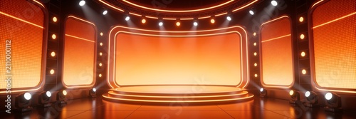 TV quiz show studio, game show stage lights, dim neon lights, soft spotlights, empty stage, orange background.