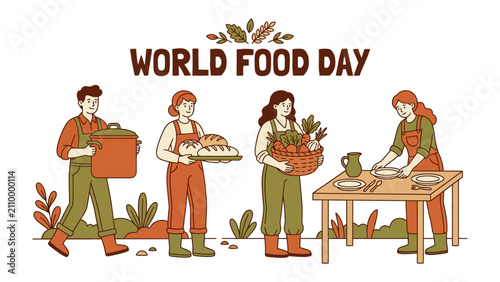 World Food Day Celebration: Farmers present a bountiful harvest to celebrate World Food Day, symbolizing nourishment and communal sharing with fresh produce and bread displayed.