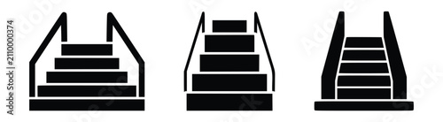 Staircase Icons Set, Indoor Stairs with Handrails, Building Stairway Access Glyph Collection, Architecture Navigation Symbols Vector set