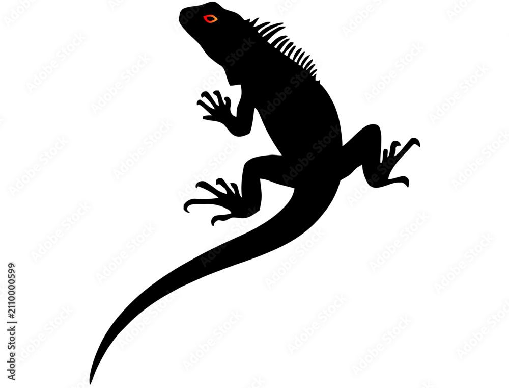 Obraz premium Black silhouette illustration of an iguana with red eye, wildlife
