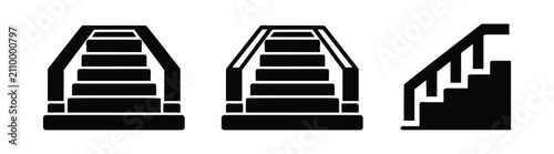 Staircase Icons Set, Stairs with Handrail, Steps, Indoor Stairway, Escalation and Building Access Glyph Collection, Architecture Navigation Symbols,Vector