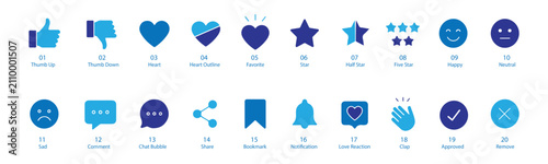 Modern Social Media Color UI Icons Pack with Like, Dislike, Heart, Rating, Comment, Share, Notification, Bookmark and User Reaction Symbols Editable Flat Design Collection Vector