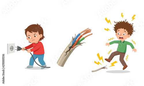 Boy Pulling Plug and Child Getting Electric Shock from Damaged Wire
