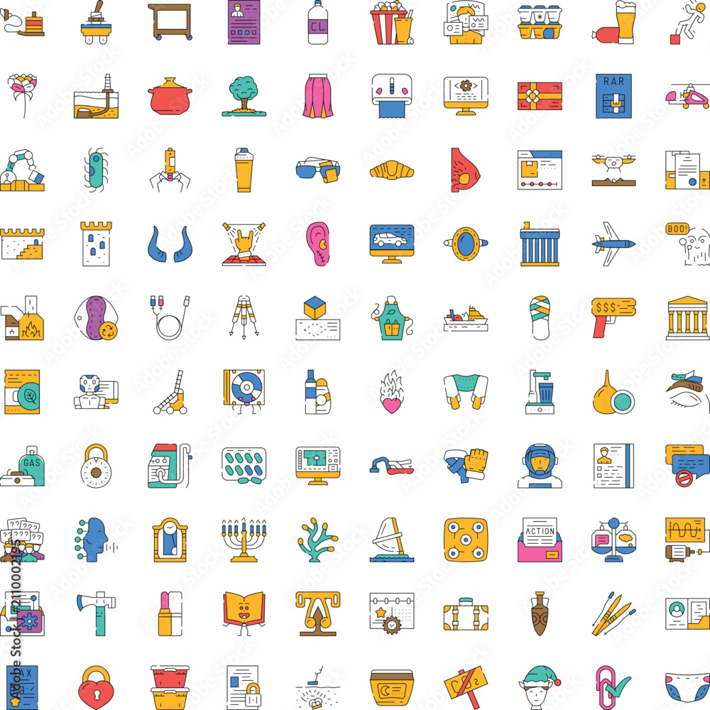 Fototapeta premium Collection of colorful line art icons featuring a wide range of symbols and objects representing various concepts, equipment, and activities in business and everyday life