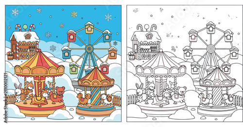фотографія Cute Cartoon Winter Carnival Scene with Ferris Wheel, Animal Carousels, and Cand