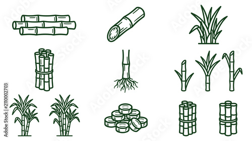 Sugarcane plant and bundle cut icons set simple style.