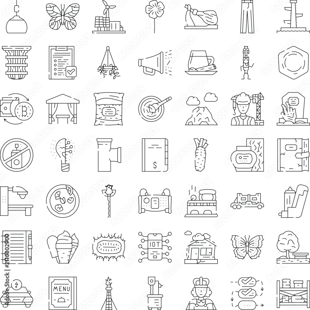 Fototapeta premium Collection of outline icons representing various aspects of daily life, technology, environment, food, and culture, illustrating a wide range of subjects