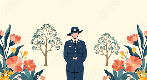 Proud male park ranger in a dark blue uniform stands in a peaceful forest surrounded by beautiful blooming wild flowers.