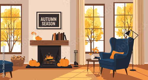 Cozy home living room decorated for autumn features a burning brick fireplace, a comfortable armchair, and ripe pumpkins.