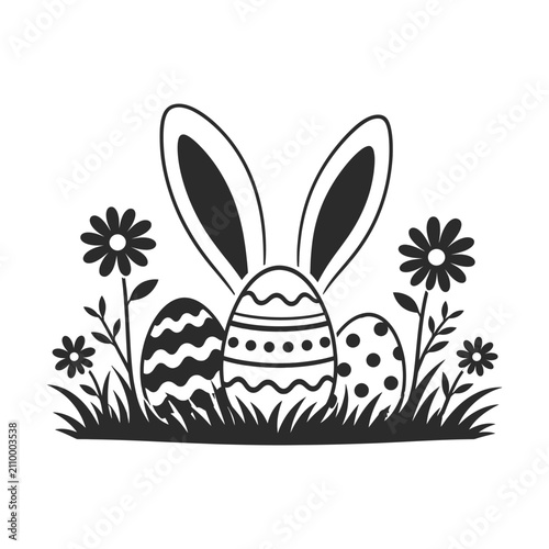 Minimalist Easter Bunny Ears with Decorative Eggs and Floral Meadow Silhouette Vector Illustration
